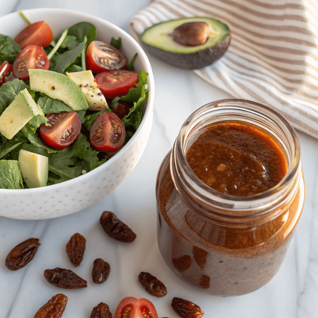 Jar of balsamic date vinaigrette next to salad with avocado and tomatoes