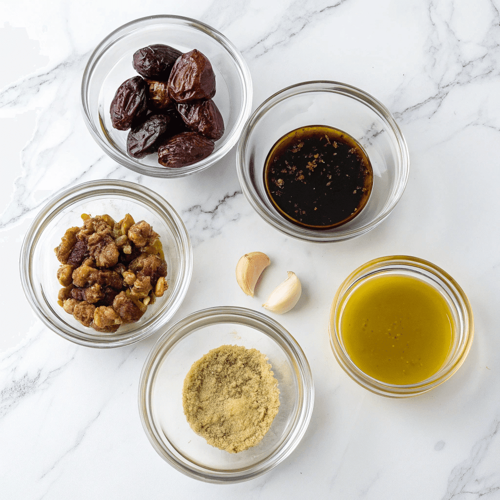 Balsamic Date Vinaigrette Recipe: Naturally Sweet, Bold & Homemade 6 Ingredients for balsamic date vinaigrette in glass bowls on white marble