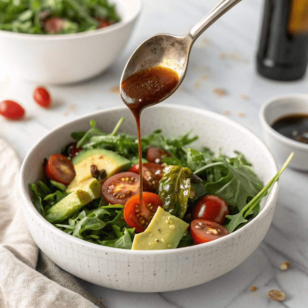 Balsamic Date Vinaigrette Recipe: Naturally Sweet, Bold & Homemade 8 Balsamic date vinaigrette drizzled from spoon over salad with avocado and tomatoes