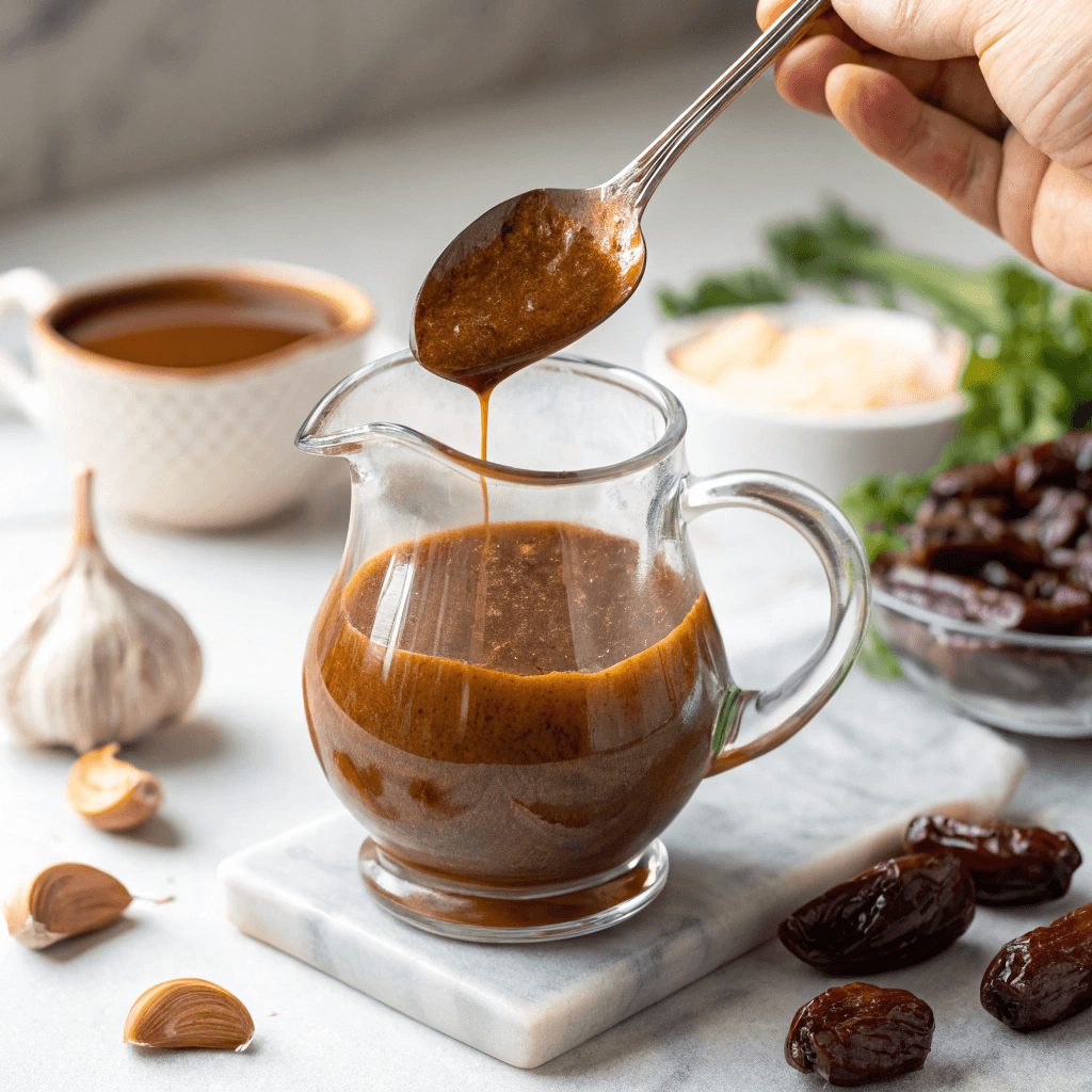 Balsamic Date Vinaigrette Recipe: Naturally Sweet, Bold & Homemade 7 Balsamic date vinaigrette poured from spoon into glass serving pitcher
