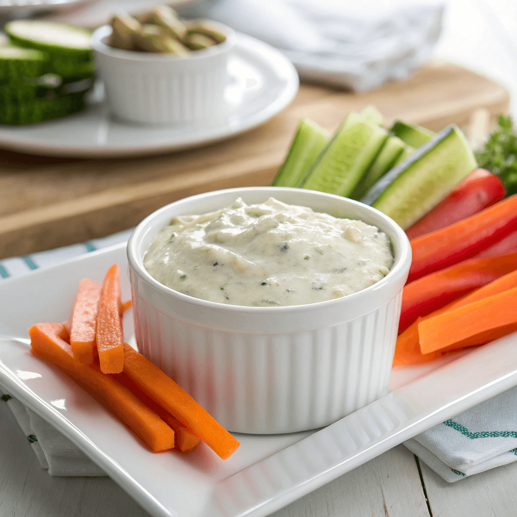 Cottage cheese ranch dip in a glass bowl with fresh herbs
