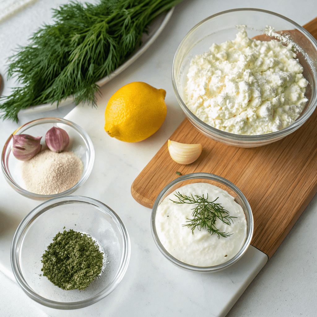 Cottage Cheese Ranch Dip: The Healthy Homemade Favorite My Family Loves 6 Ingredients for cottage cheese ranch dip on kitchen board