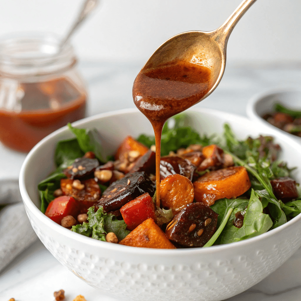 Date vinaigrette drizzled from a spoon over a roasted vegetable salad