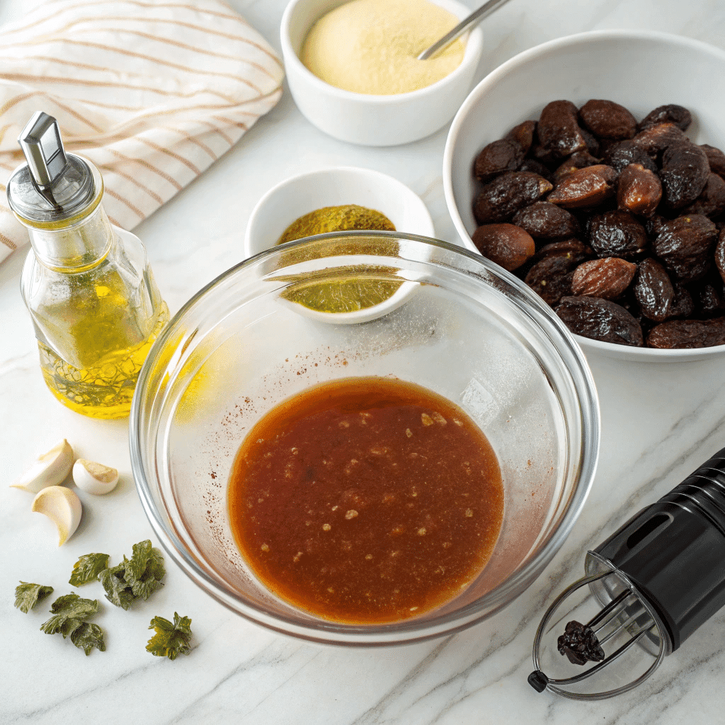 Date Vinaigrette Recipe: A Sweet and Tangy Twist on Salad Dressing 6 date vinaigrette ingredients on white marble counter