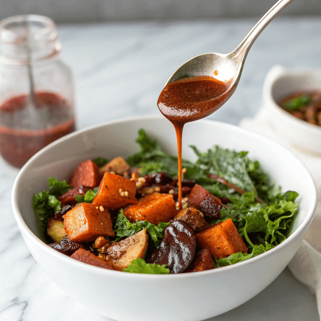 Date Vinaigrette Recipe: A Sweet and Tangy Twist on Salad Dressing 7 spoon drizzling date vinaigrette over salad