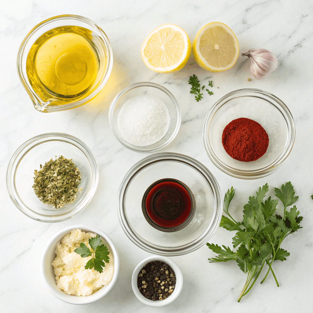 Gluten Free Italian Salad Dressing Recipe That Brings Bold Flavor to Every Meal 6 ingredients for gluten free Italian salad dressing arranged in small bowls