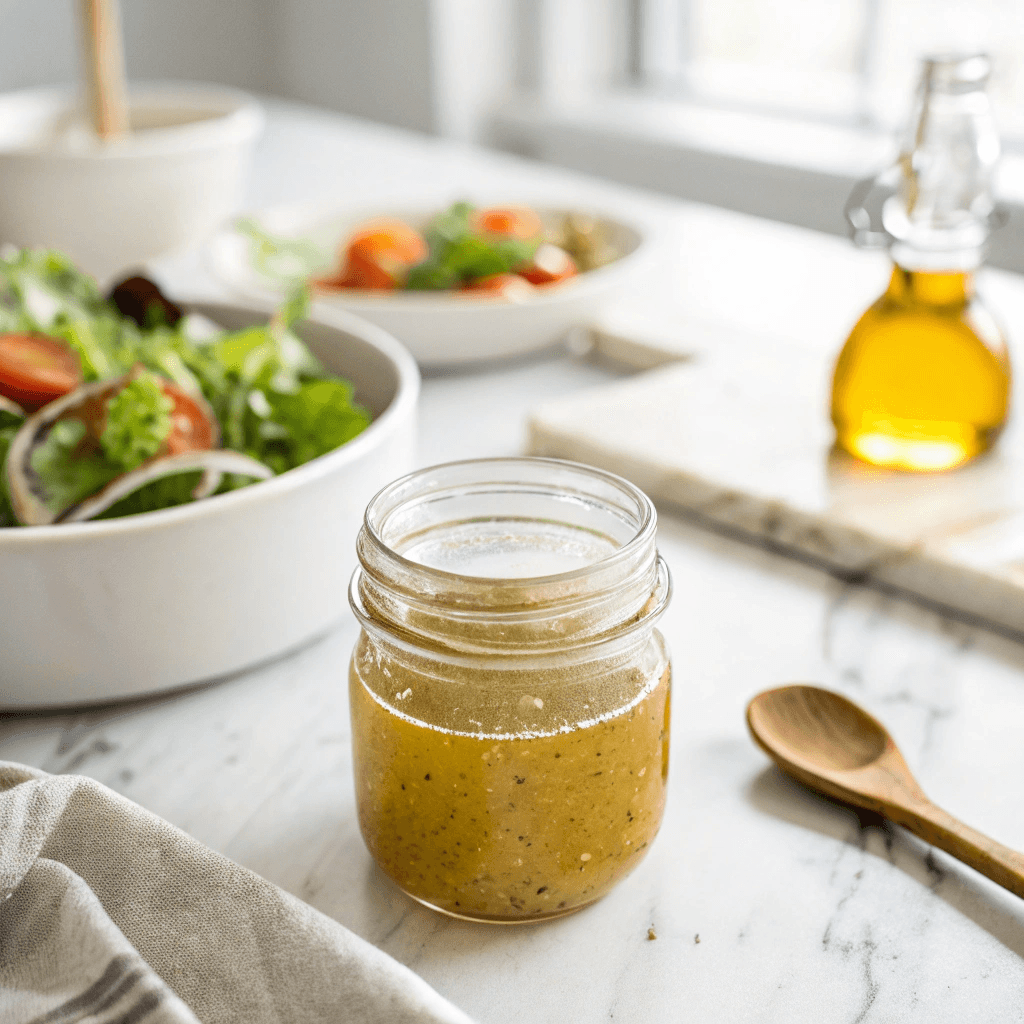 Gluten Free Italian Salad Dressing Recipe That Brings Bold Flavor to Every Meal 8 spoon drizzling gluten free Italian salad dressing over a salad