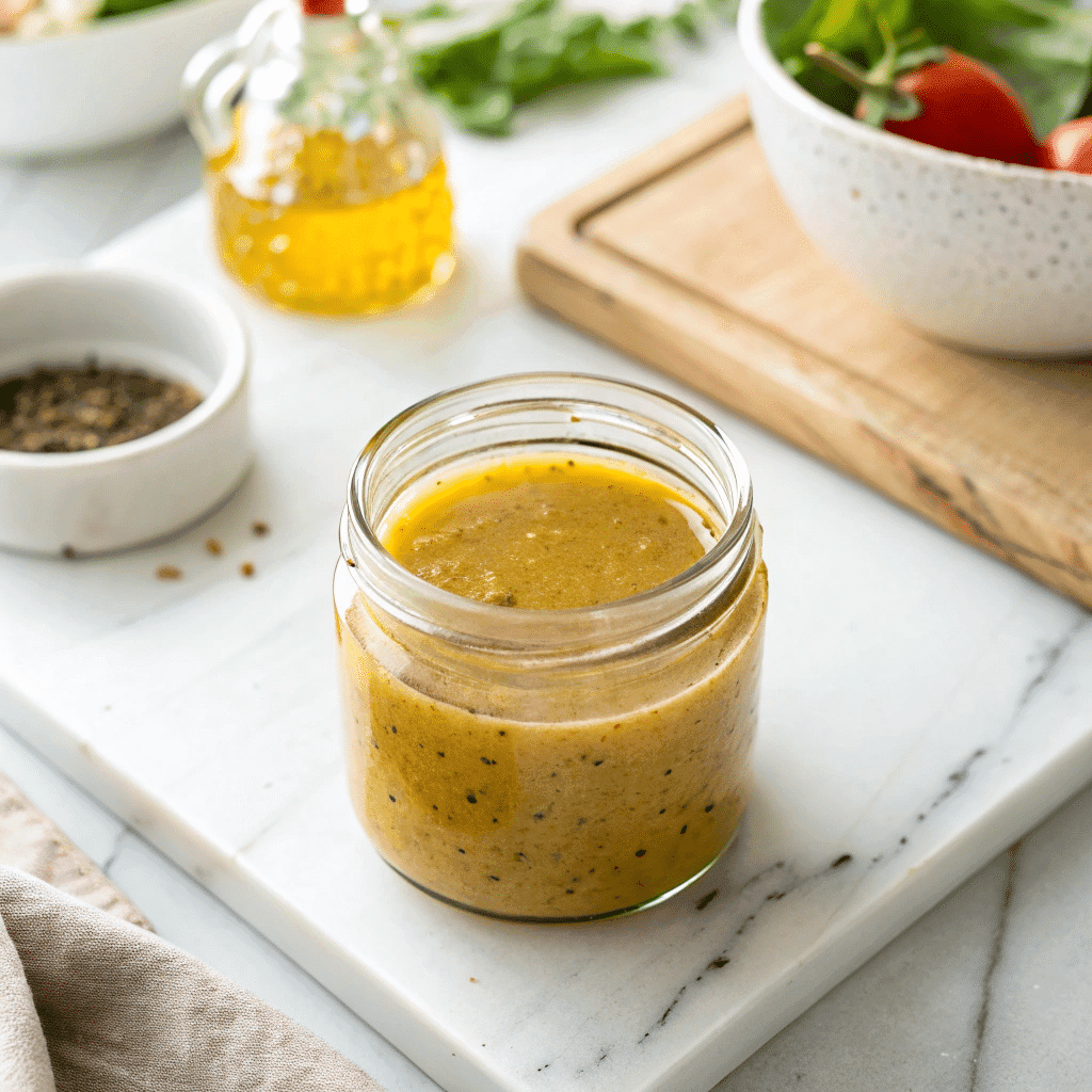 gluten free Italian salad dressing in a glass bottle with herbs and lemon