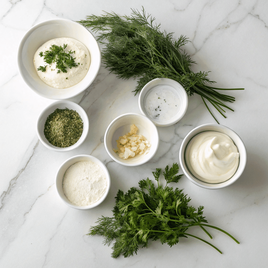 ranch dressing ingredients on white kitchen counter