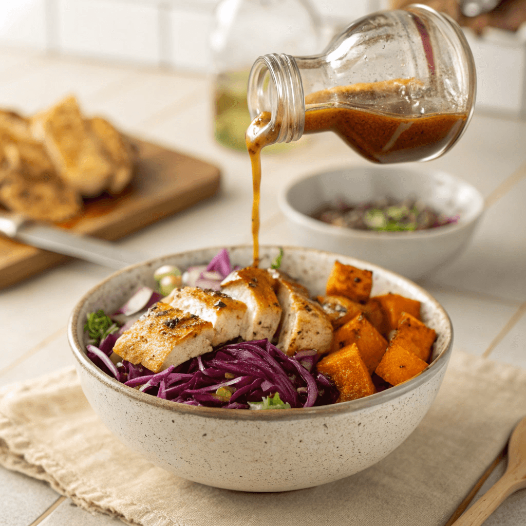 hot honey dressing being poured over warm meal bowl