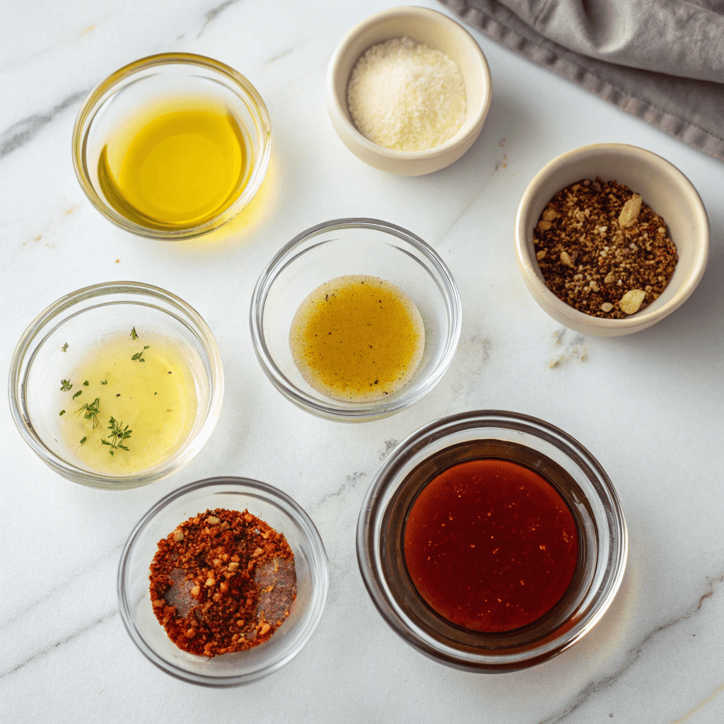 Hot Honey Dressing Recipe – Bold Flavor in Every Drop 6 Hot honey dressing ingredients on marble counter