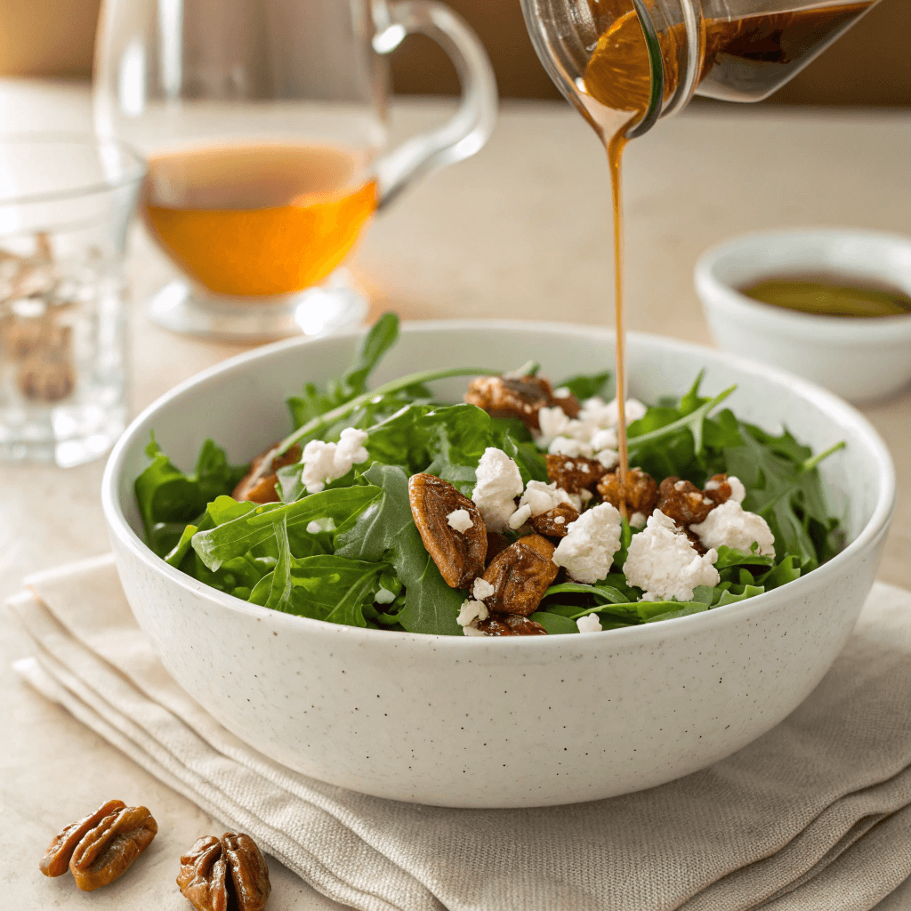 Hot Honey Dressing Recipe – Bold Flavor in Every Drop 7 Hot honey dressing drizzled on fresh salad bowl