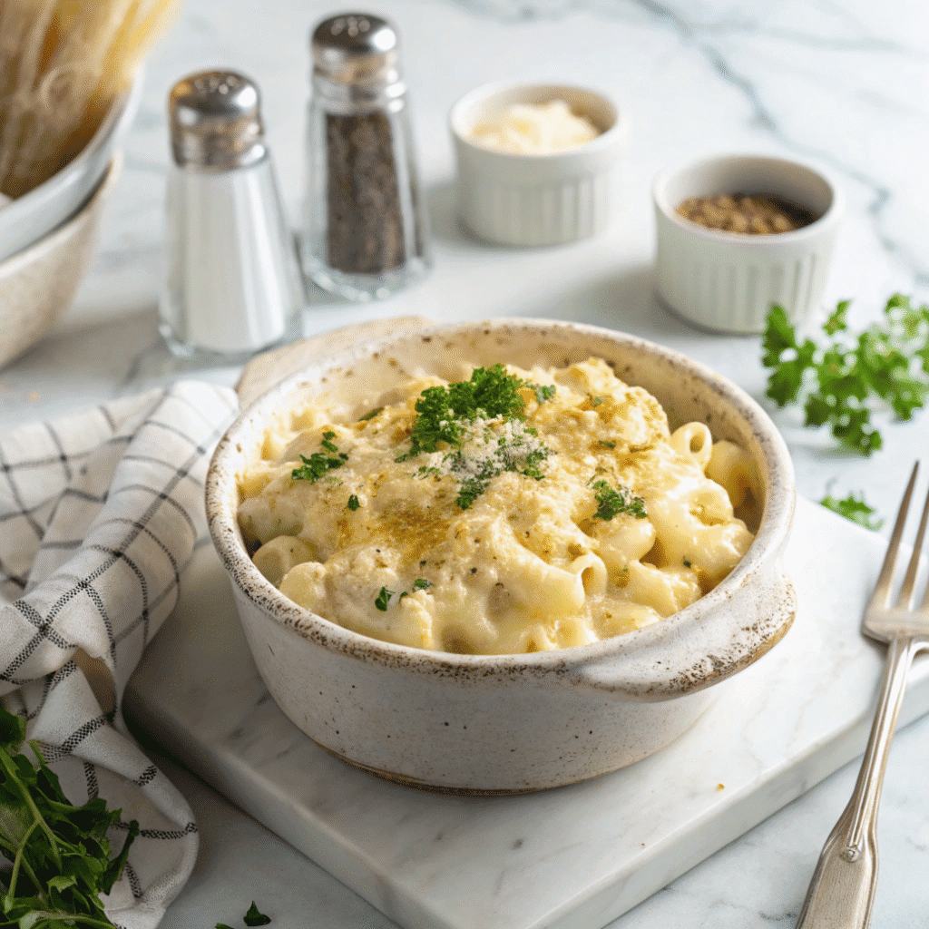 Mac n cheese with alfredo sauce in white bowl