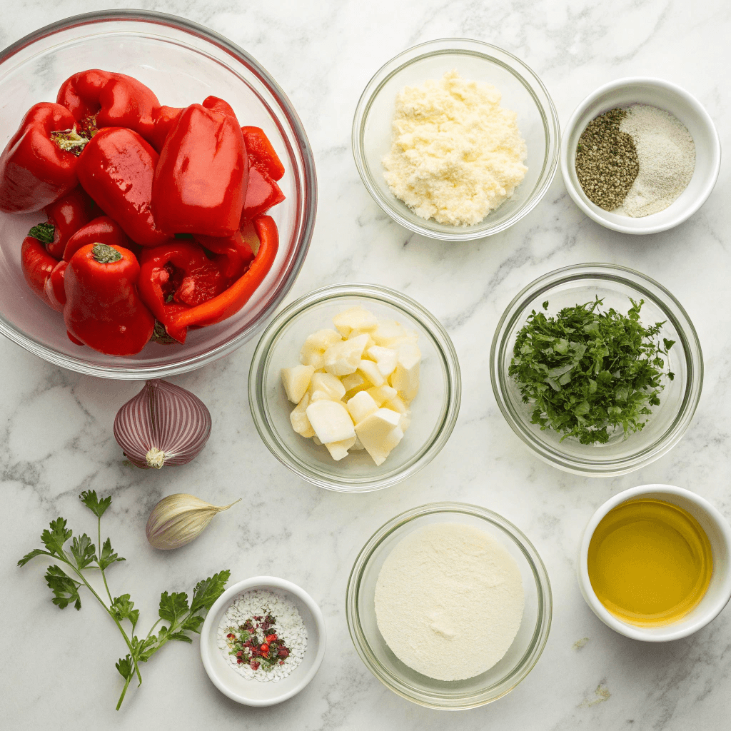 Roasted Red Pepper Alfredo Sauce That’s Creamy, Bold, and Ready Fast 6 Ingredients for roasted red pepper alfredo sauce on marble