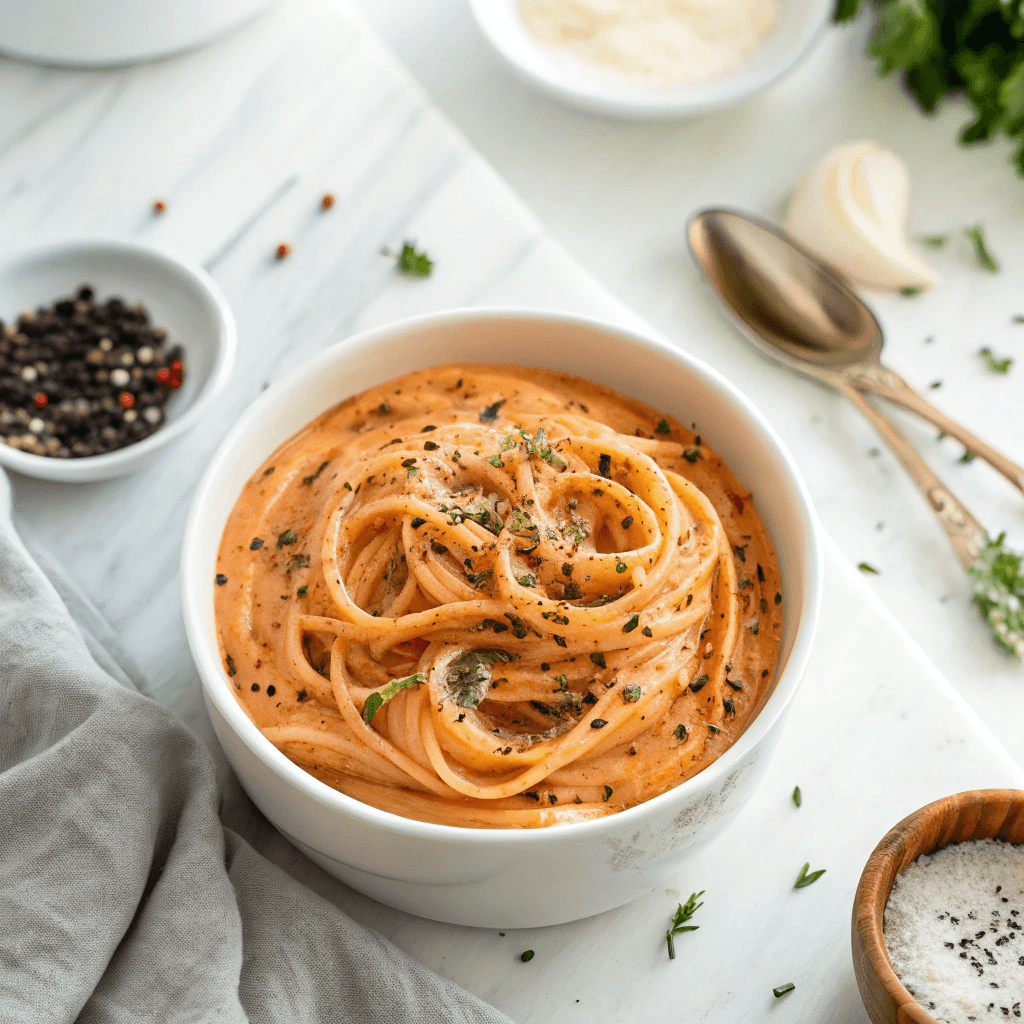 Roasted red pepper alfredo sauce in white bowl on marble