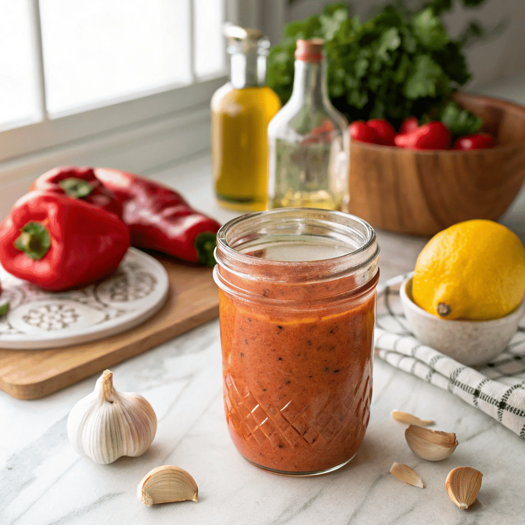 roasted red pepper salad dressing in a jar with ingredients