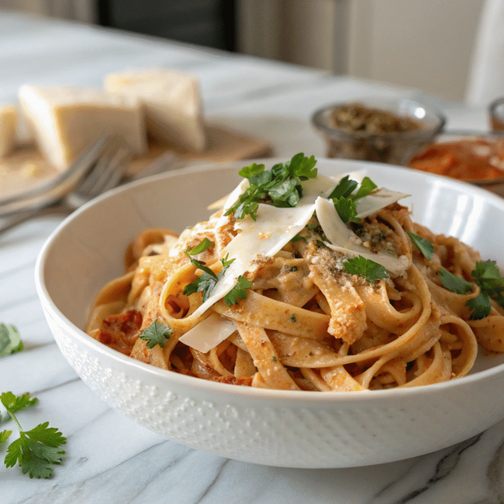 Spicy Alfredo Sauce – Bold and Creamy with a Kick 7 Fettuccine pasta served with spicy alfredo sauce