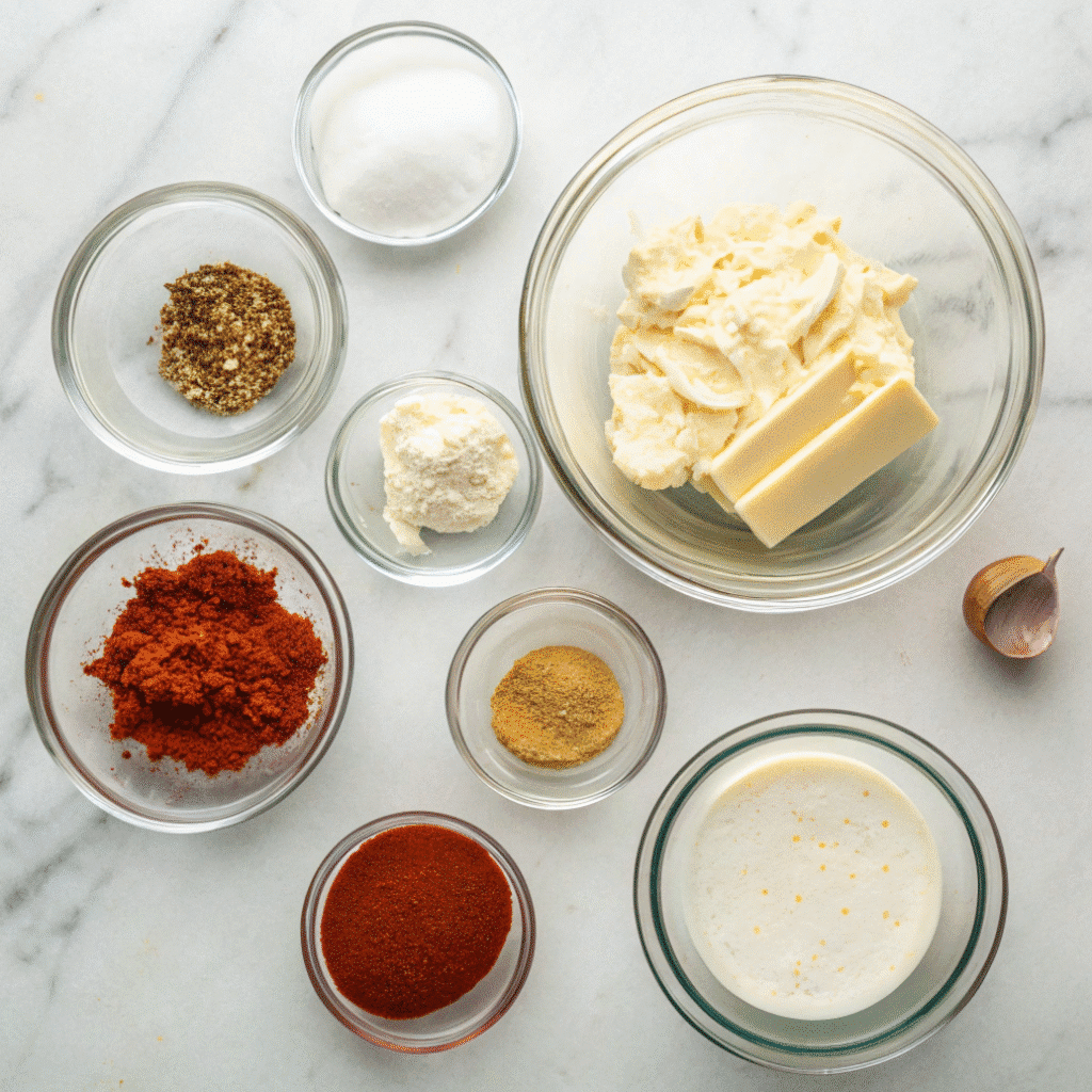 Spicy Alfredo Sauce – Bold and Creamy with a Kick 6 Spicy Alfredo Sauce ingredients arranged on marble