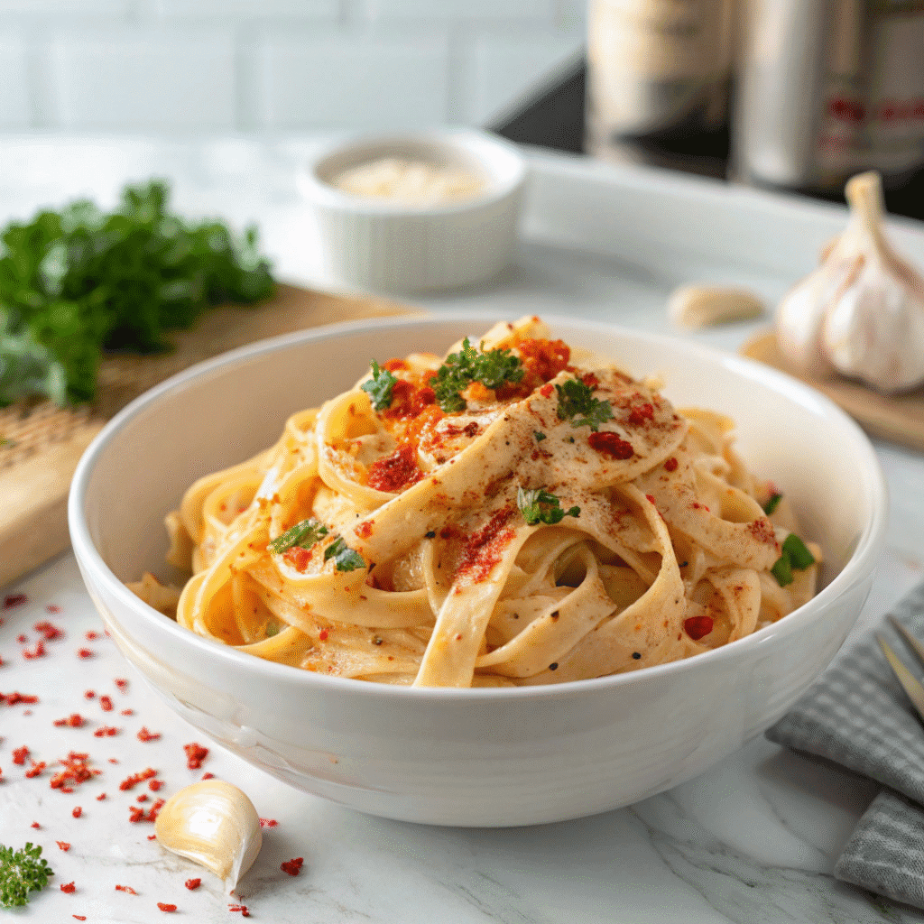 Spicy alfredo sauce in white bowl on marble counter