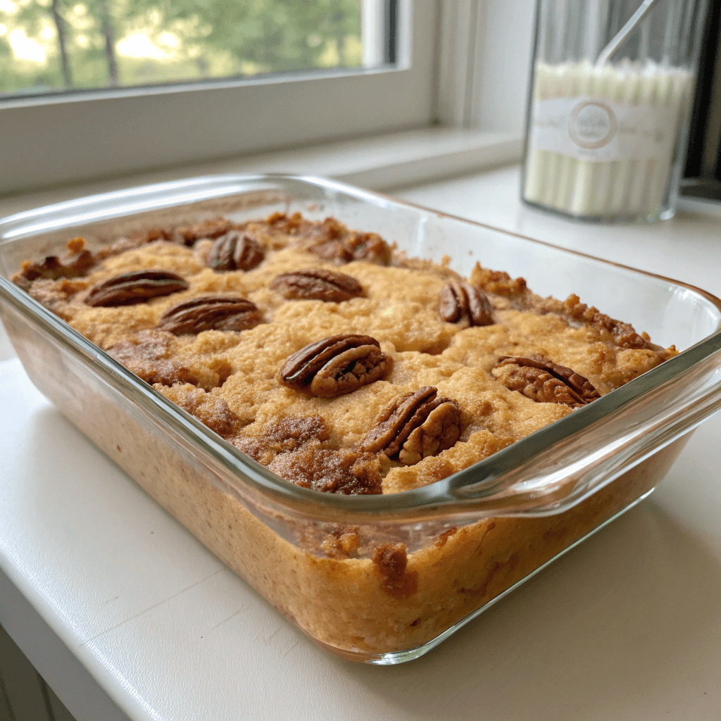 Butter pecan dump cake in baking dish