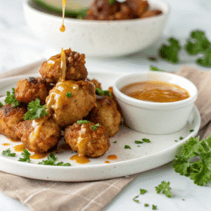 Cajun honey butter sauce recipe drizzled over crispy Cajun chicken bites