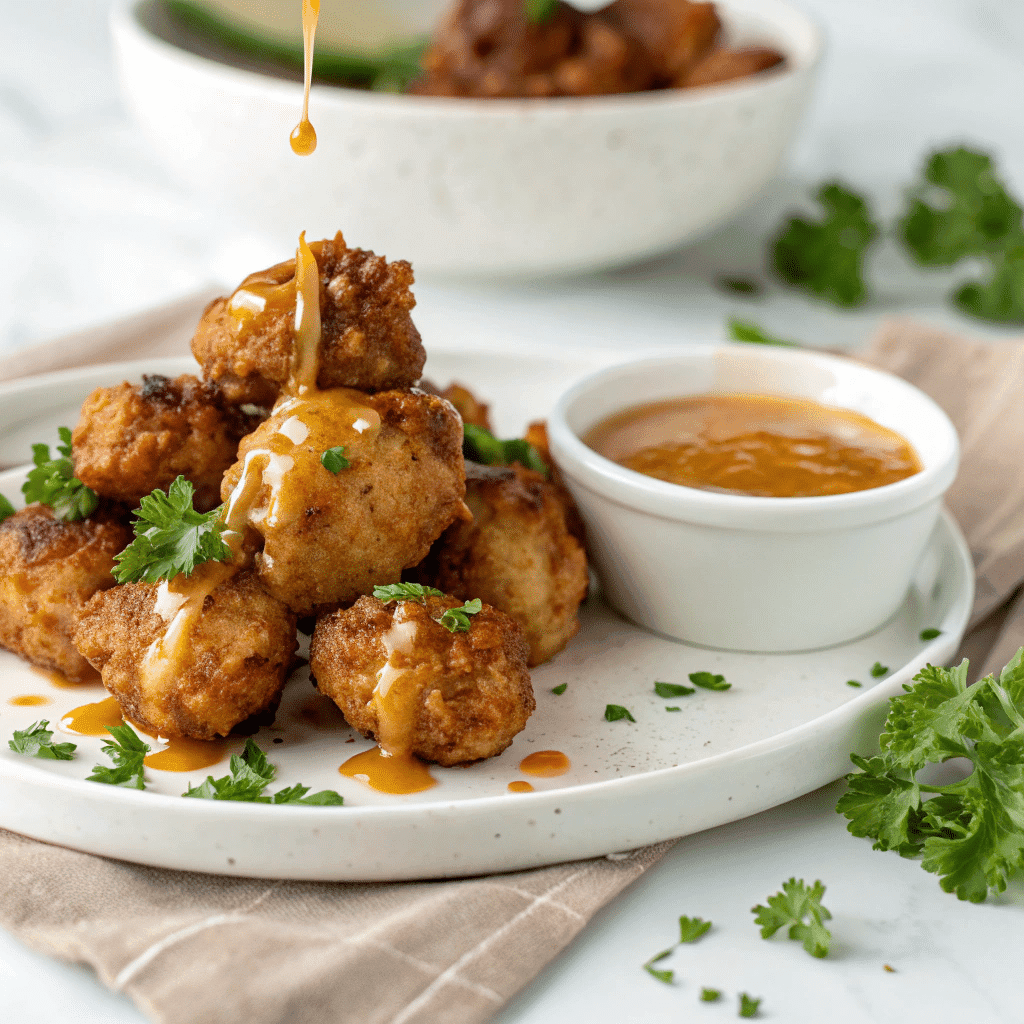 Cajun honey butter sauce recipe drizzled over crispy Cajun chicken bites