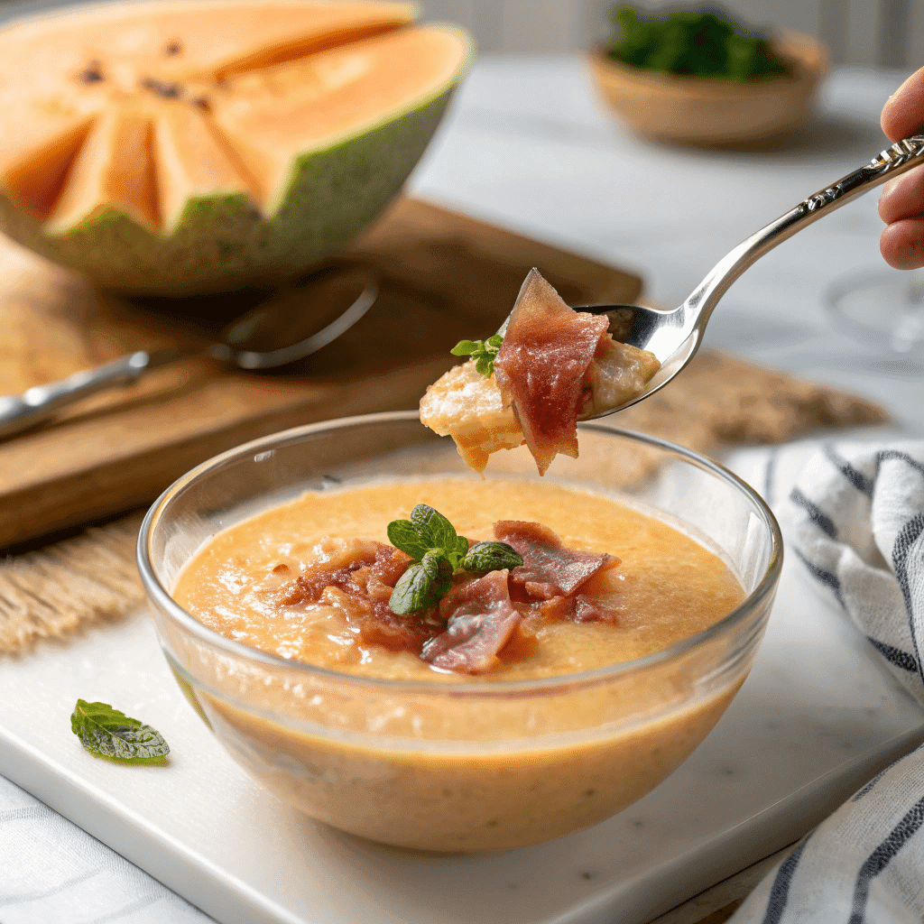 Cantaloupe Gazpacho 10 spoon lifting chilled cantaloupe gazpacho with prosciutto