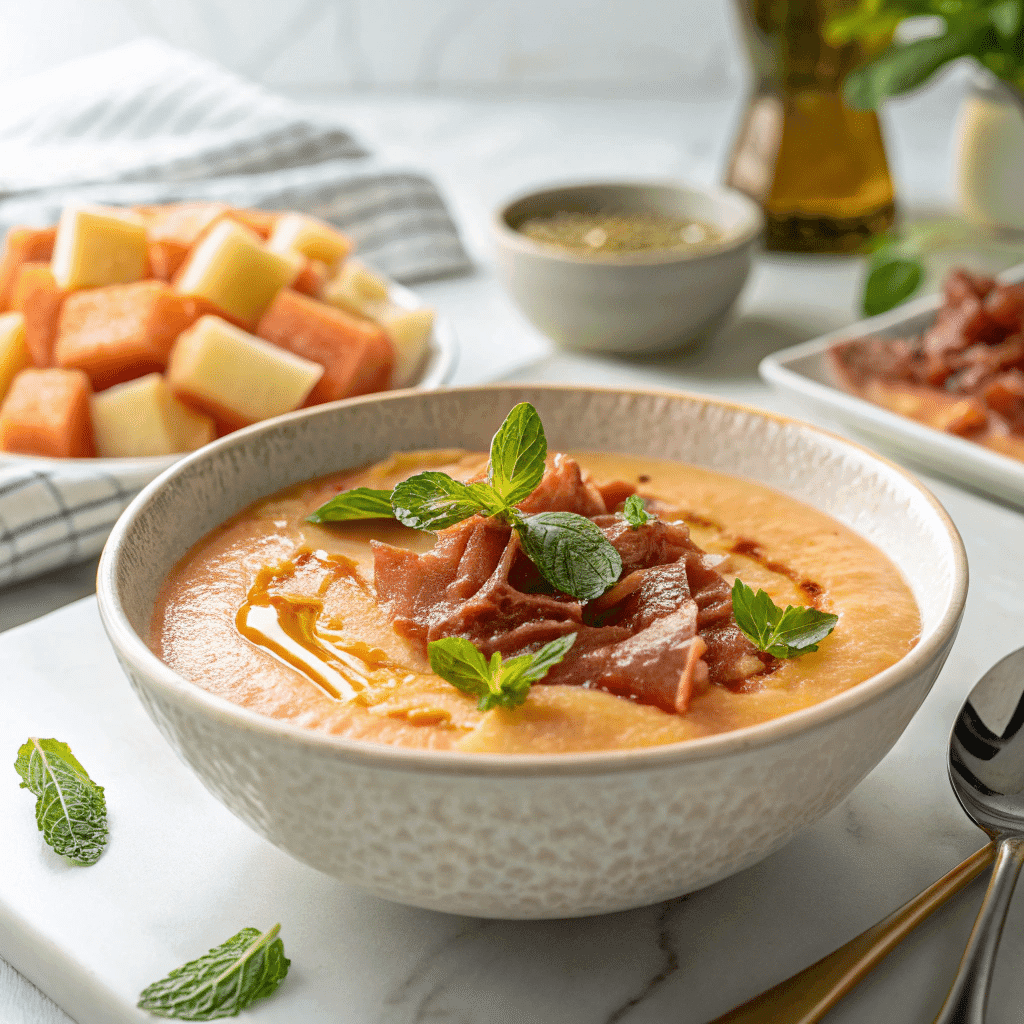 bowl of chilled cantaloupe gazpacho with crispy prosciutto
