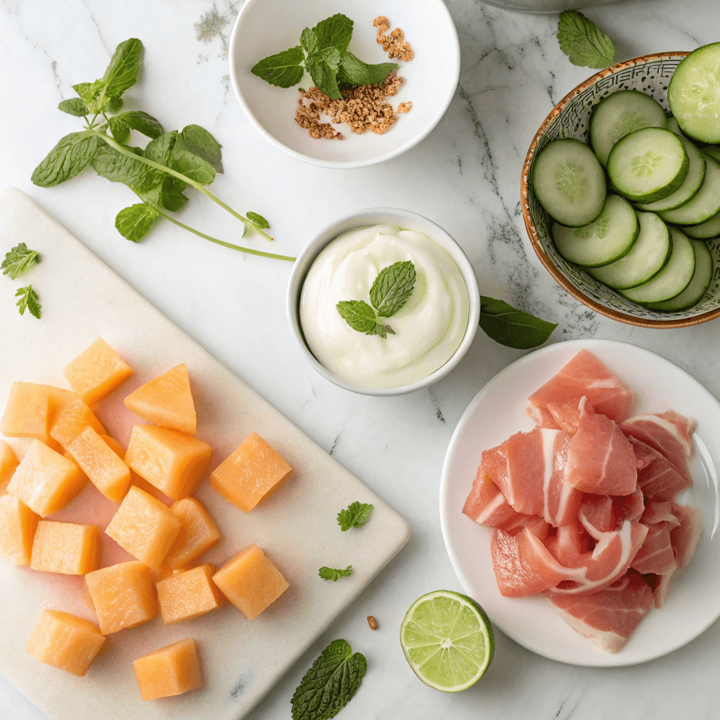 Cantaloupe Gazpacho 7 ingredients for cantaloupe gazpacho with prosciutto on marble