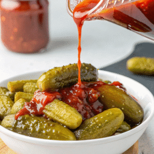 Chamoy pickle sauce drizzling over bright green pickles