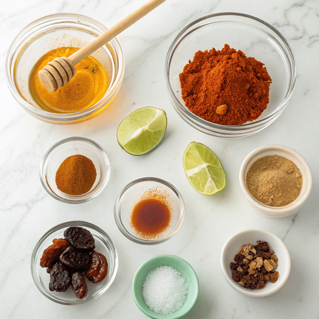 Chamoy Pickle Sauce – TikTok’s Sweet, Spicy & Tangy Flavor Trend 8 Ingredients for chamoy pickle sauce on marble