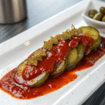 Chamoy Pickle Sauce – TikTok’s Sweet, Spicy & Tangy Flavor Trend 7 Chamoy pickle sauce elegantly poured over pickles