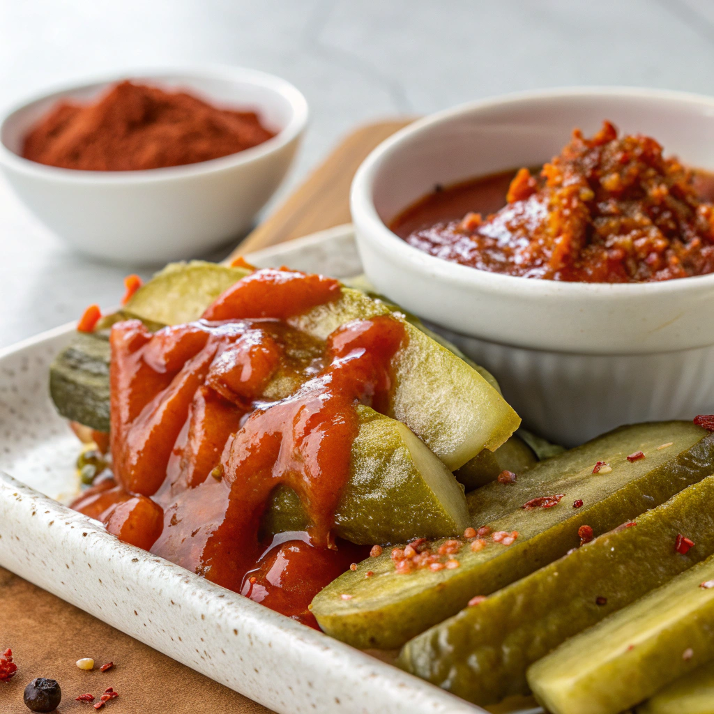 Chamoy Pickle Sauce – TikTok’s Sweet, Spicy & Tangy Flavor Trend 10 Chamoy pickle sauce generously drizzled over fresh pickles