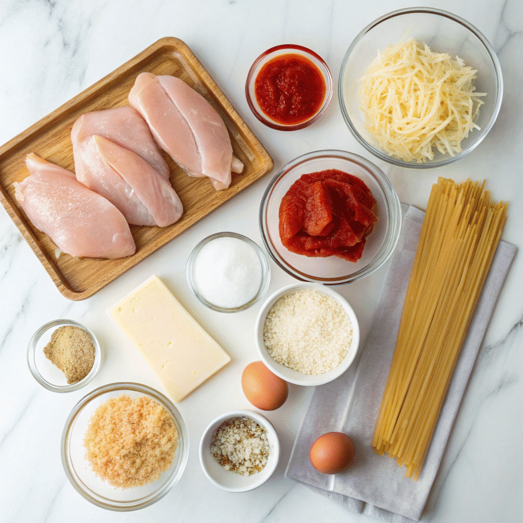 Ingredients for chicken parmesan with Alfredo sauce