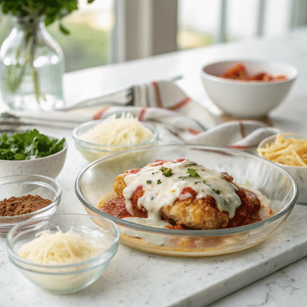 Chicken parmesan with Alfredo sauce and ingredients