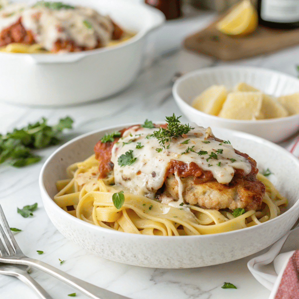 Chicken parmesan served with Alfredo pasta