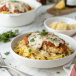 Chicken parmesan served with Alfredo pasta