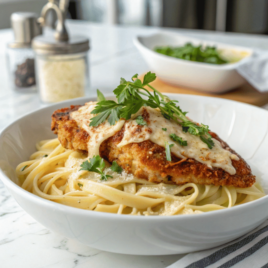 Chicken parmesan with Alfredo sauce over fettuccine