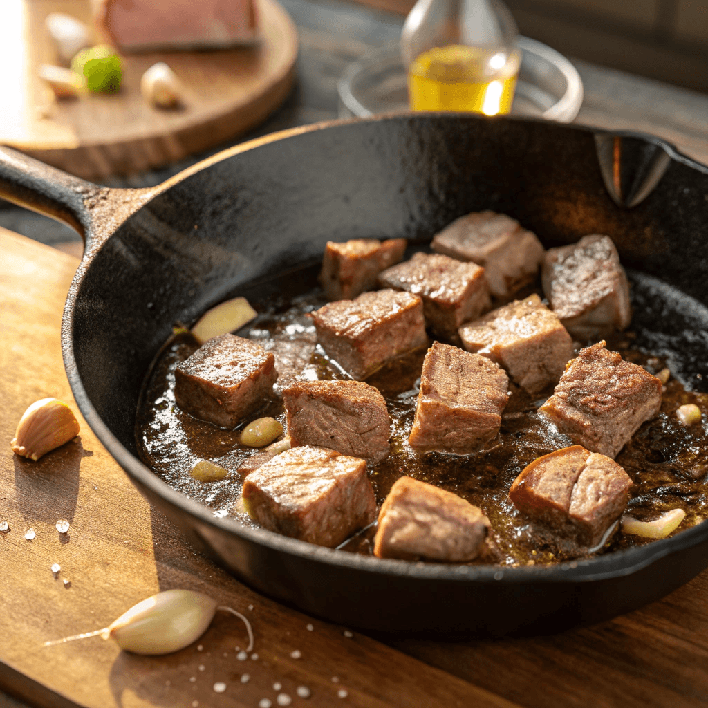 Garlic Butter Steak Bites with Parmesan Cream Sauce – A Perfect 30-Minute Dinner You'll Crave 9 Garlic butter steak bites browning in skillet recipe
