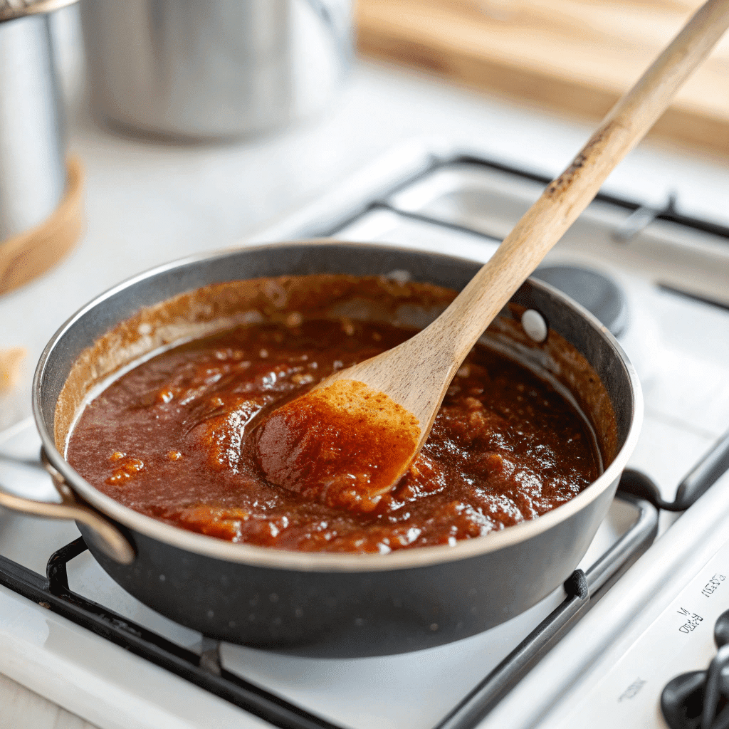 Hot Honey BBQ Sauce – Easy Sweet & Spicy Recipe You’ll Love 9 Cooking hot honey BBQ sauce on stovetop