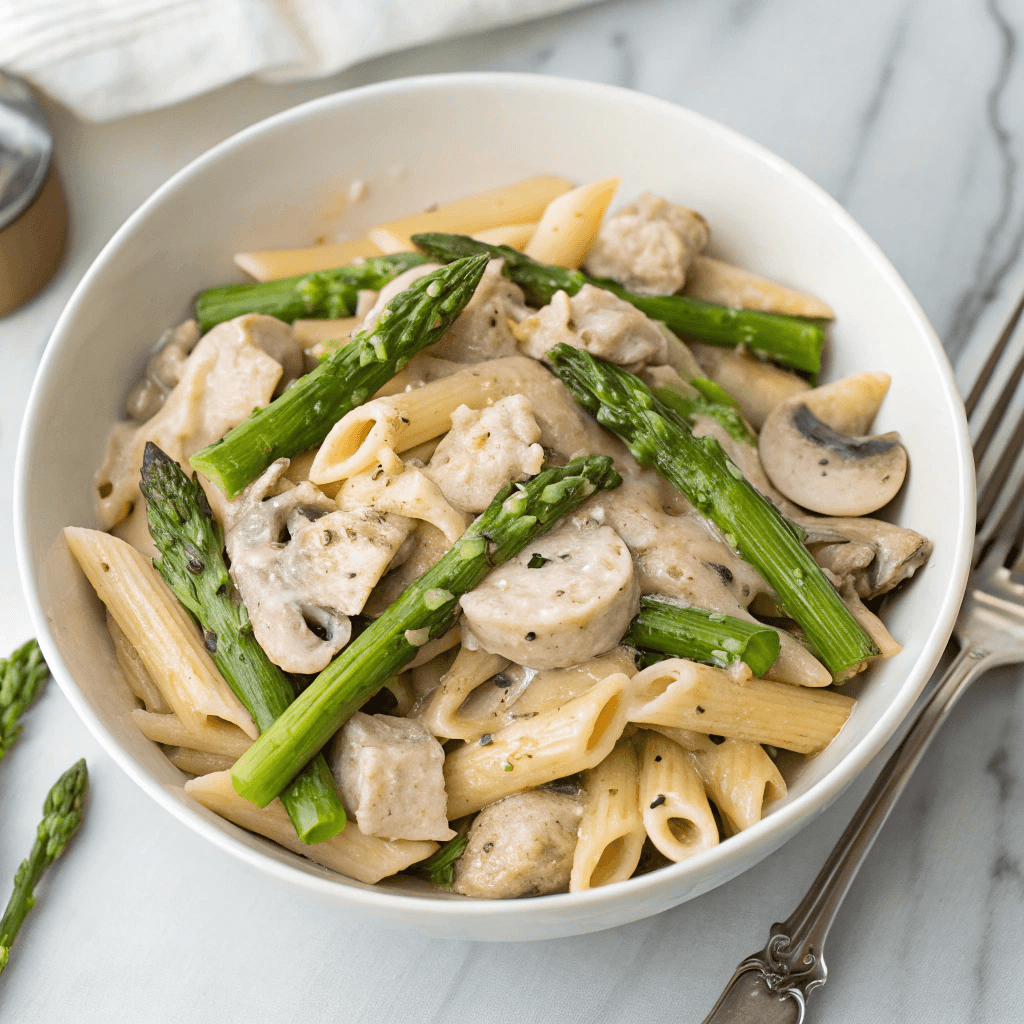Creamy Mushroom and Asparagus Chicken Penne That’ll Change Your Pasta Nights Forever 10 Served creamy mushroom and asparagus chicken penne in a bowl