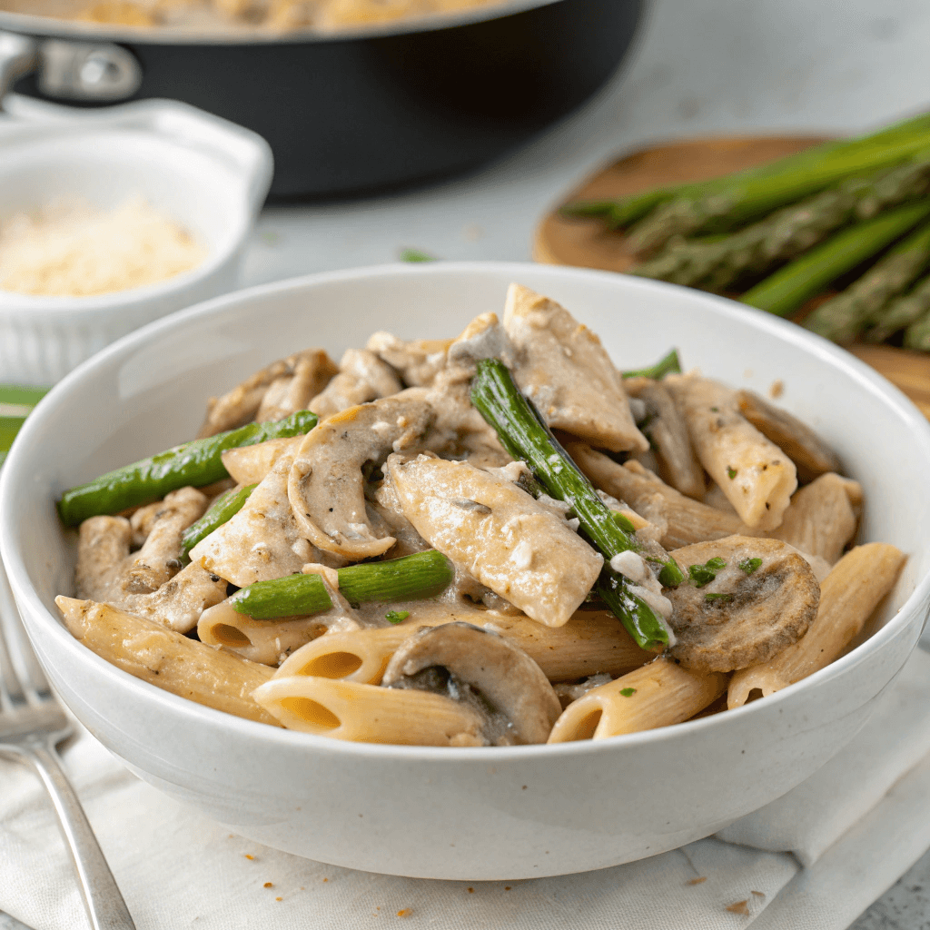 Creamy mushroom and asparagus chicken penne in white bowl