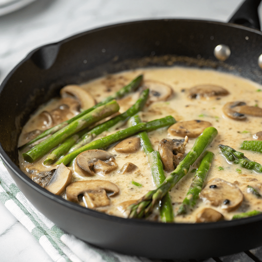Creamy Mushroom and Asparagus Chicken Penne That’ll Change Your Pasta Nights Forever 9 Mushrooms and asparagus cooking in creamy sauce in skillet