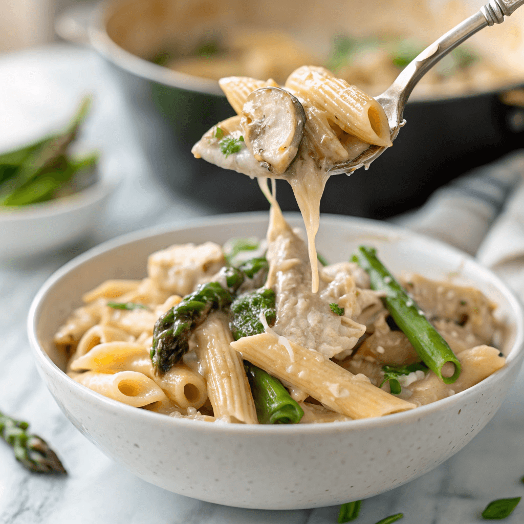 Creamy Mushroom and Asparagus Chicken Penne That’ll Change Your Pasta Nights Forever 12 Spoon lifting creamy mushroom and asparagus chicken penne