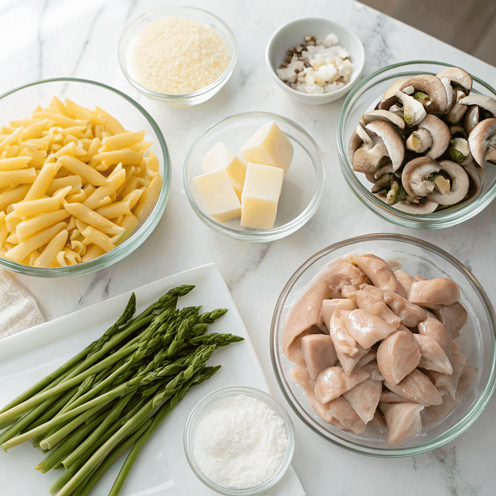 Creamy Mushroom and Asparagus Chicken Penne That’ll Change Your Pasta Nights Forever 8 Ingredients for creamy mushroom and asparagus chicken penne on marble