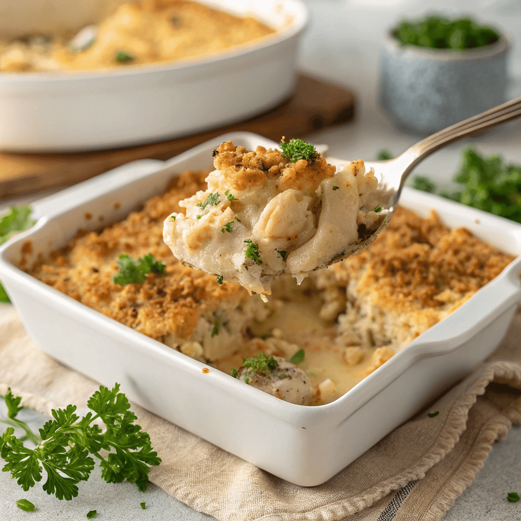 Dolly’s Chicken and Stuffing Casserole – Easy 5-Ingredient Family Favorite 10 Final spoonful of Dolly’s chicken and stuffing casserole with golden topping