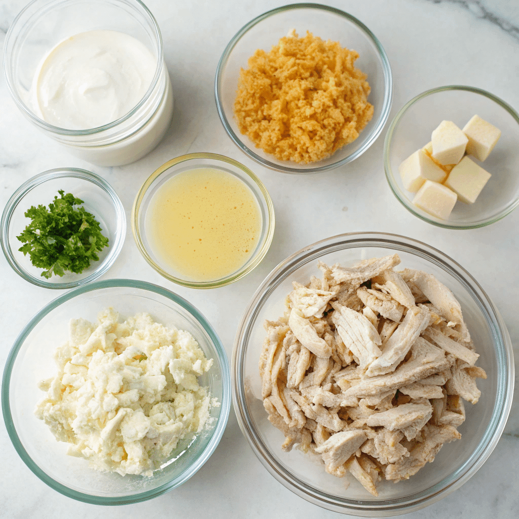 Dolly’s Chicken and Stuffing Casserole – Easy 5-Ingredient Family Favorite 7 Ingredients for Dolly’s chicken and stuffing casserole neatly laid out