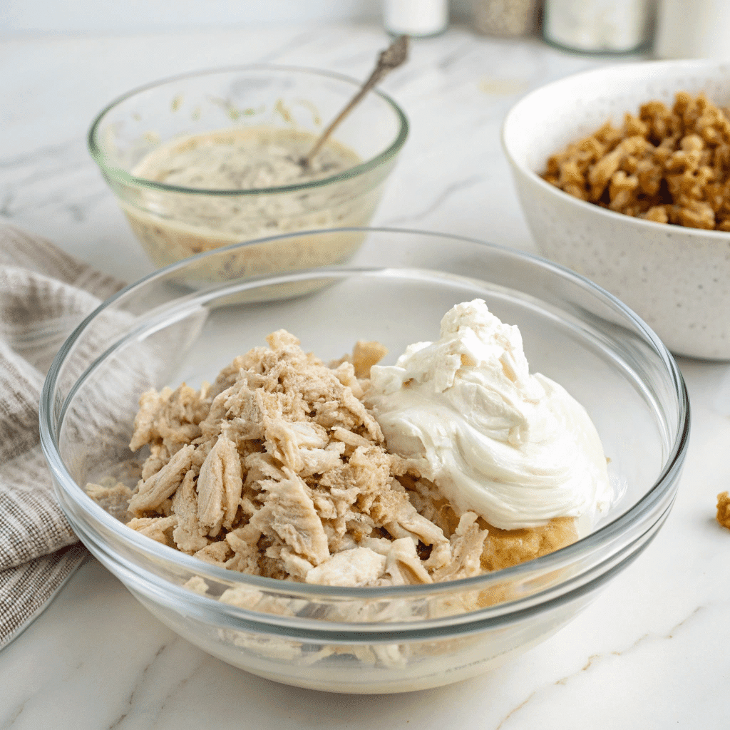 Dolly’s Chicken and Stuffing Casserole – Easy 5-Ingredient Family Favorite 8 Mixing filling ingredients for Dolly’s chicken casserole