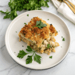Dolly’s Chicken and Stuffing Casserole – Easy 5-Ingredient Family Favorite 6 Final slice of Dolly’s casserole with crispy golden top