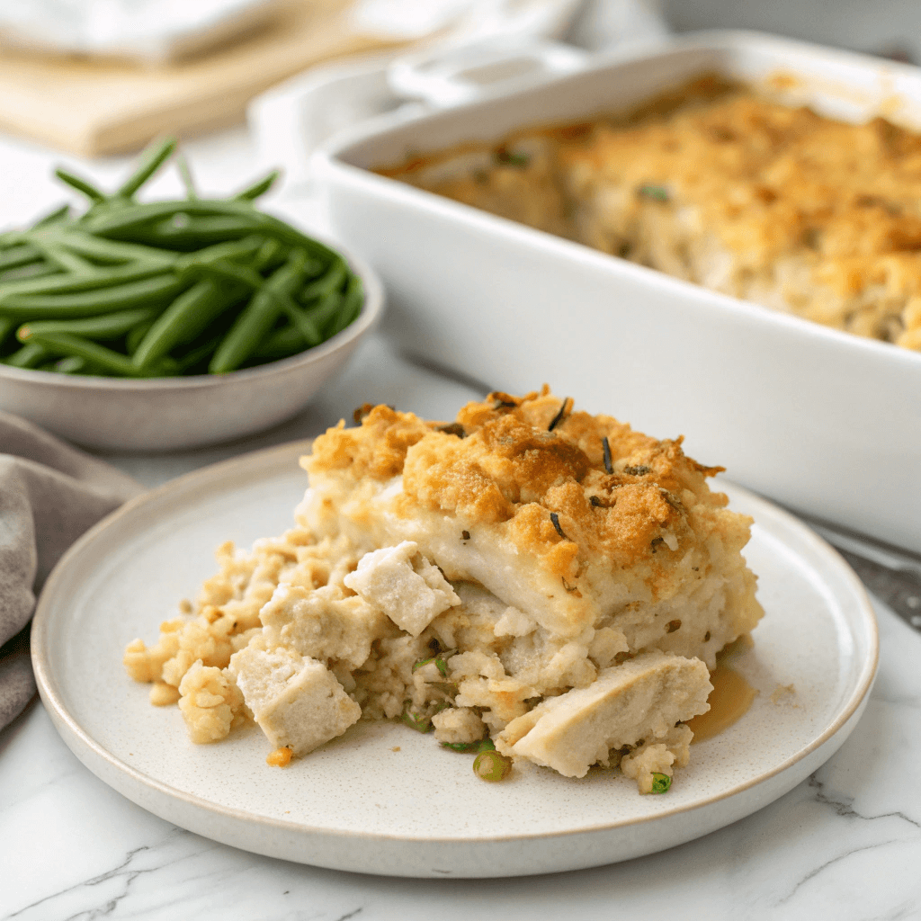 Dolly’s Chicken and Stuffing Casserole – Easy 5-Ingredient Family Favorite 9 Dolly’s chicken and stuffing casserole served with green beans